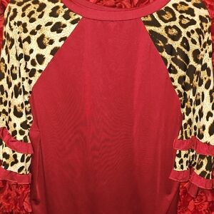 SHEIN Maroon Leopard Print Polyester Ruffle Sleeve Blouse Size 2XL NEW